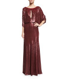 3/4-Sleeve Round-Neck Embellished Gown, Merlot