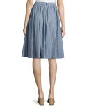 Pencil-Stripe Shirred Full Skirt, Blue/White