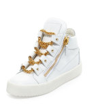 Chain Leather Mid-Top Sneaker, Bianco