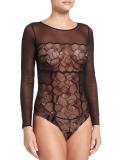 Iris Mesh-Lace Bodysuit, Black