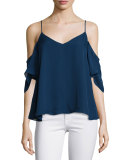 Silk Button-Back Cold-Shoulder Blouse, Midnight