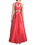 Sleeveless Floral Cutout High-Low Gown, Coral