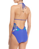 Tapestry Plunge Halter One-Piece Swimsuit