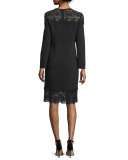 Long-Sleeve Lace-Inset Sheath Dress, Black Lace