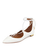 Christy Lace-Up Pointed-Toe Flat, White