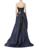 Butterfly-Appliqué Strapless Gown, Navy/Black