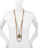 Long Wooden Bead Necklace w/ Jasper Pendant