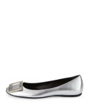 Gommette Buckle Leather Flat, Silver