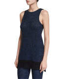 Sleeveless Open-Knit Fringe Tunic, Black/Cobalt