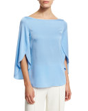 Bateau-Neck Butterfly-Sleeve Satin Blouse, Sky
