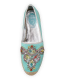 Crystal-Embellished Suede Espadrille, Aqua