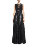 Beaded Sleeveless A-Line Gown, Black