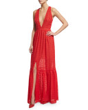 Sleeveless Plunging V-Neck Tiered Maxi Dress, Flame