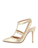 Metallic Rockstud Leather Pump, Platino