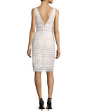 V-Neck Striped Sheath Dress, Ivory/Nude