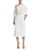 Paneled Paperbag-Waist Midi Skirt, White