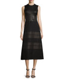 Sleeveless Contrast-Striped Midi Dress, Black/Bronze