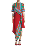 Short-Sleeve Ruffled Silk Dress, Multi Pattern