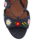 Isadora Floral-Embroidered Lace-Up Sandal, Blue