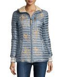 Hooded Floral Puffer Coat, Platinum