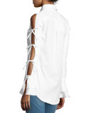 Pearly-Button Tie-Sleeve Oxford Shirt, White