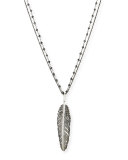 Rhodium-Plated Silver Feather Pendant Necklace with Diamonds, 30"L