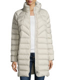 Long Chevron-Stitched Puffer Coat, Stone