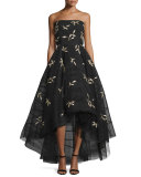 Strapless Floral-Appliqué High-Low Gown, Jet