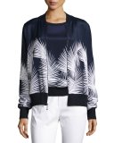 Palm-Print Stretch-Silk Bomber Jacket, Navy/Bianco