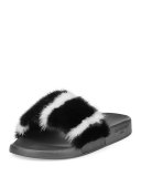 Mink-Fur Flat Slide Sandal, Black/White