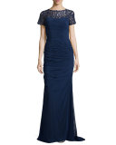 Ruched Lace-Trim Gown, Navy