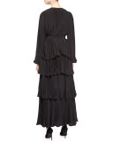 Bell-Sleeve Belted Plisse Blouse, Black