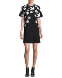 Short-Sleeve Jersey Swallow-Print T-Shirt Dress, Black