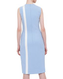 Sleeveless Contrast-Stripe Sheath Dress, Sky Blue/Cream