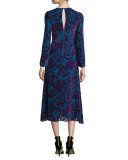 Long-Sleeve Velvet Midi Dress, Purple/Teal