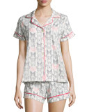 Butterfly-Print Shorty Pajama Set, Black/Pink