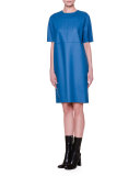 Short-Sleeve Jewel-Neck Shift Dress, Light Blue