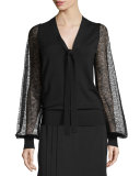 Lace-Sleeve Tie-Neck Sweater, Black