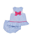 Sleeveless Floral Corduroy Shift Dress w/ Bloomers, Blue, Size 3-24 Months