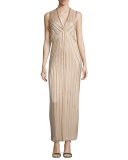 Sleeveless Metallic Pleated Gown, Champagne