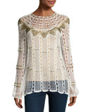 Rikki Long-Sleeve Beaded Crochet Blouse, White