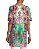 Paisley Half-Sleeve Long Tunic, Purple/Green/Red