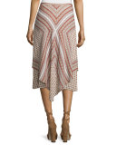 Mitered Multipattern Handkerchief Midi Skirt, Cream/Multicolor