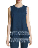 Sleeveless Frayed-Hem Tunic, Mid Blue
