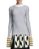 Striped Crewneck Pullover Sweater, Blanco