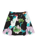 Paper Floral Pleated Skirt, Black, Size 8-14