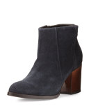 Erica Suede Wood-Heel Bootie, Blue Navy