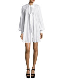 Long-Sleeve Pinstriped Poplin Tunic/Dress, Ivory