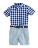 Gingham Poplin Shirt w/ Belted Shorts, Blue, Size 9-24 Months