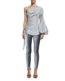 Metallic Slim-Leg Jeans, Silver